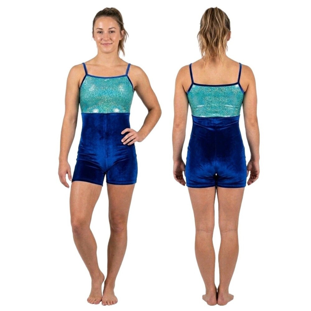 GK Elite Vintage Mystique Teal Blue Velvet Cami Biketard Unitard Size AL Adult L
